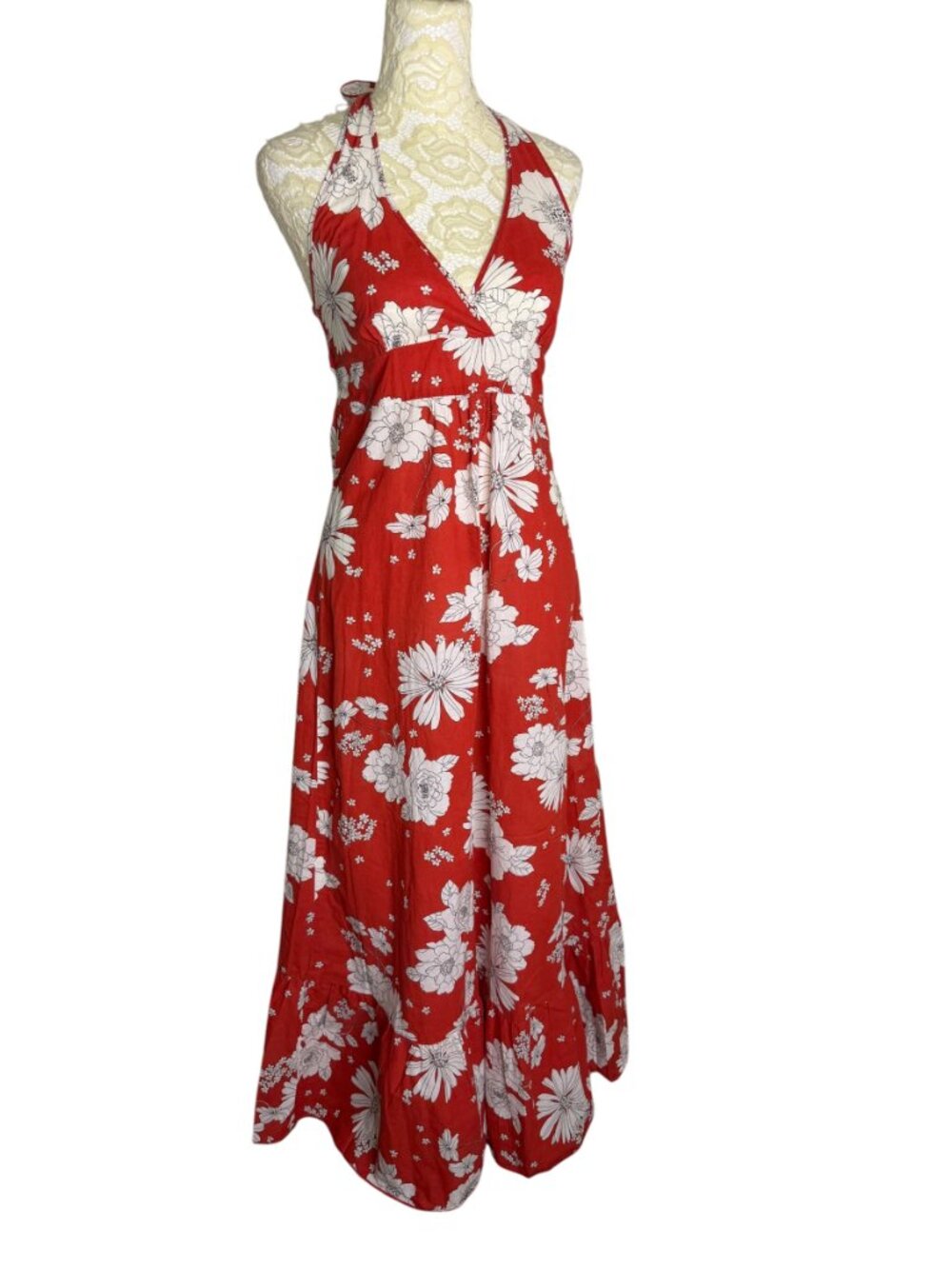 Salt & Pepper Halter Dress Fit Flare Tie Back Floral Red White Black S - Picture 2 of 9